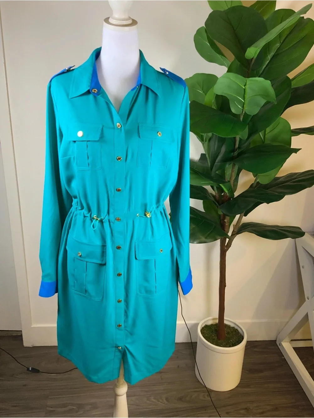 Calvin Klein Turquoise Utility Shirt Dress Jacket with Blue Trim